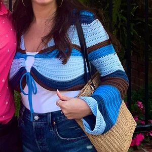 Amazon Women's Blue and Brown knitted Striped Top